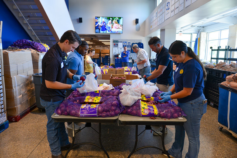 Dent Mechanic Group volunteers wearing blue food-safe gloves sort red onions from mesh bags into grocery bags at The Storehouse.